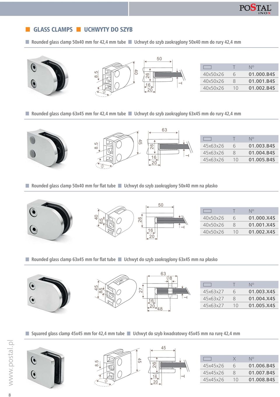 B4S Rounded glass clamp 50x40 mm for flat tube Uchwyt do szyb zaokràglony 50x40 mm na płasko T 40x50x26 6 01.000.X4S 40x50x26 8 01.001.X4S 40x50x26 10 01.002.
