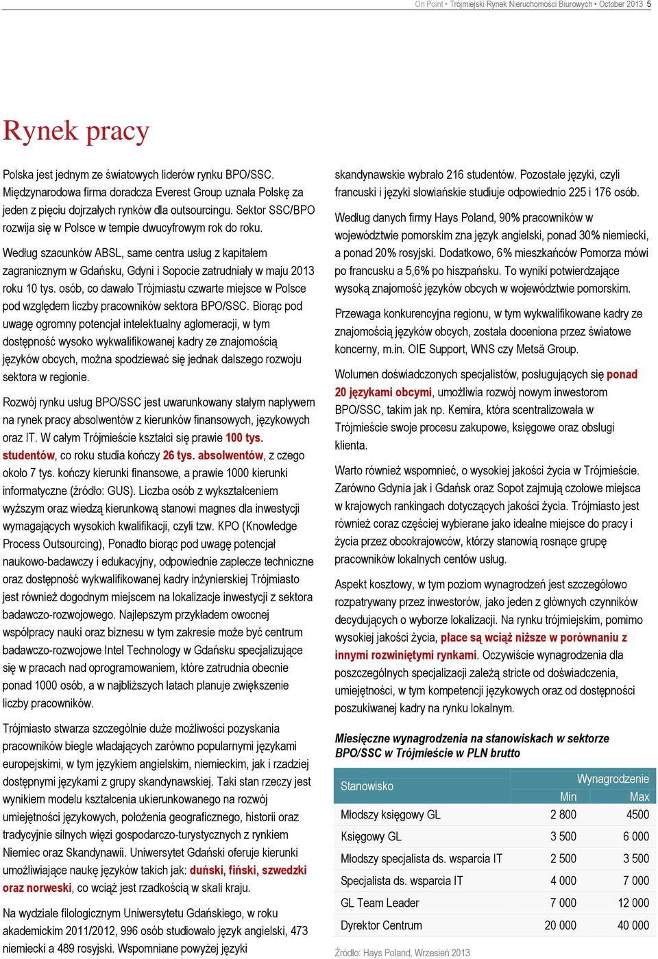 Według szacunków ABSL, same centra usług z kapitałem zagranicznym w Gdańsku, Gdyni i Sopocie zatrudniały w maju 2013 roku 10 tys.