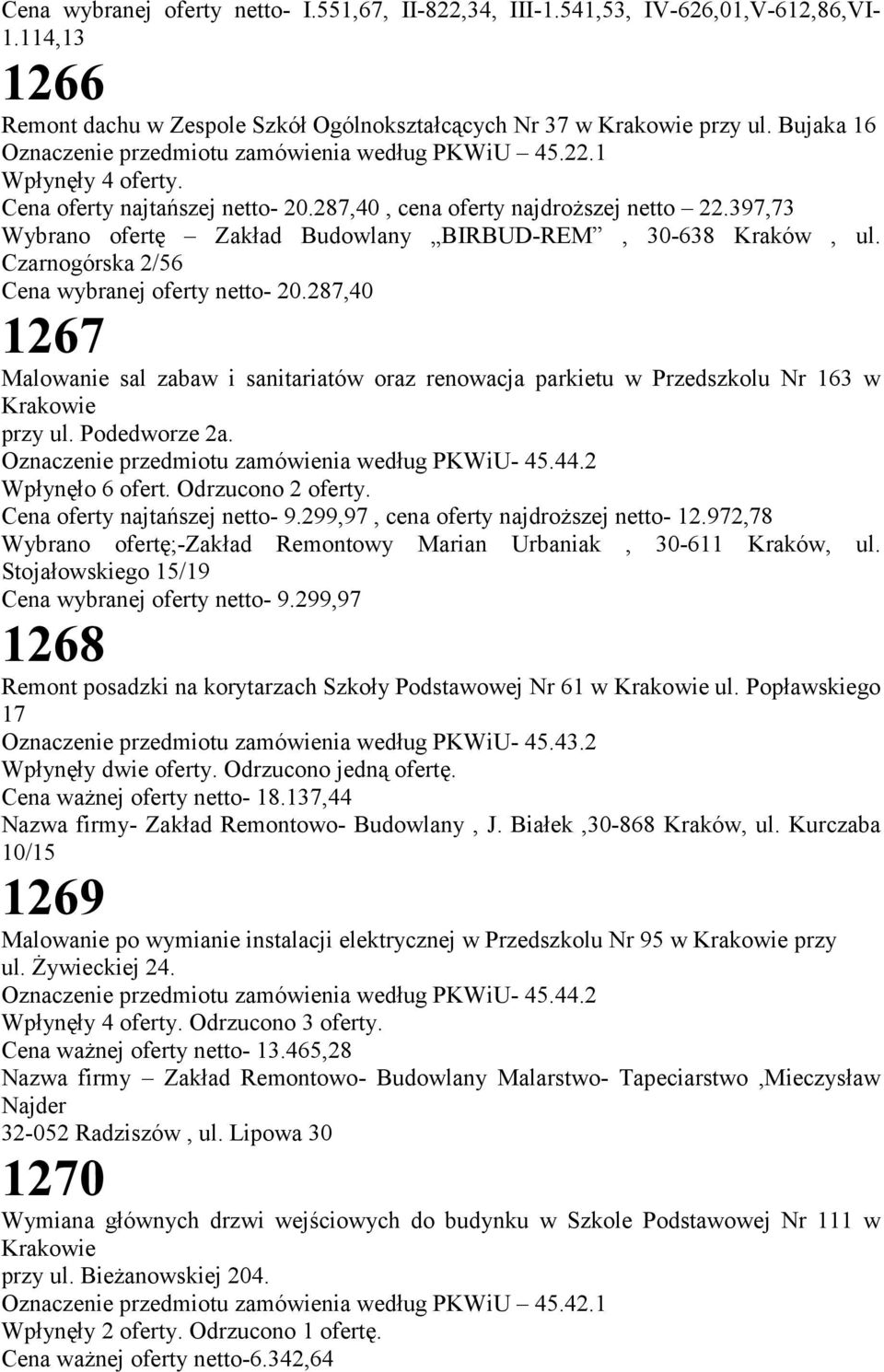 397,73 Wybrano ofertę Zakład Budowlany BIRBUD-REM, 30-638 Kraków, ul. Czarnogórska 2/56 Cena wybranej oferty netto- 20.