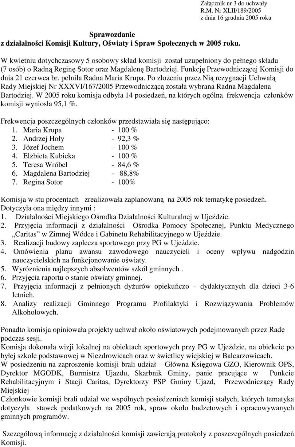 pełniła Radna Maria Krupa. Po złoŝeniu przez Nią rezygnacji Uchwałą Rady Miejskiej Nr XXXVI/167/2005 Przewodniczącą została wybrana Radna Magdalena Bartodziej.