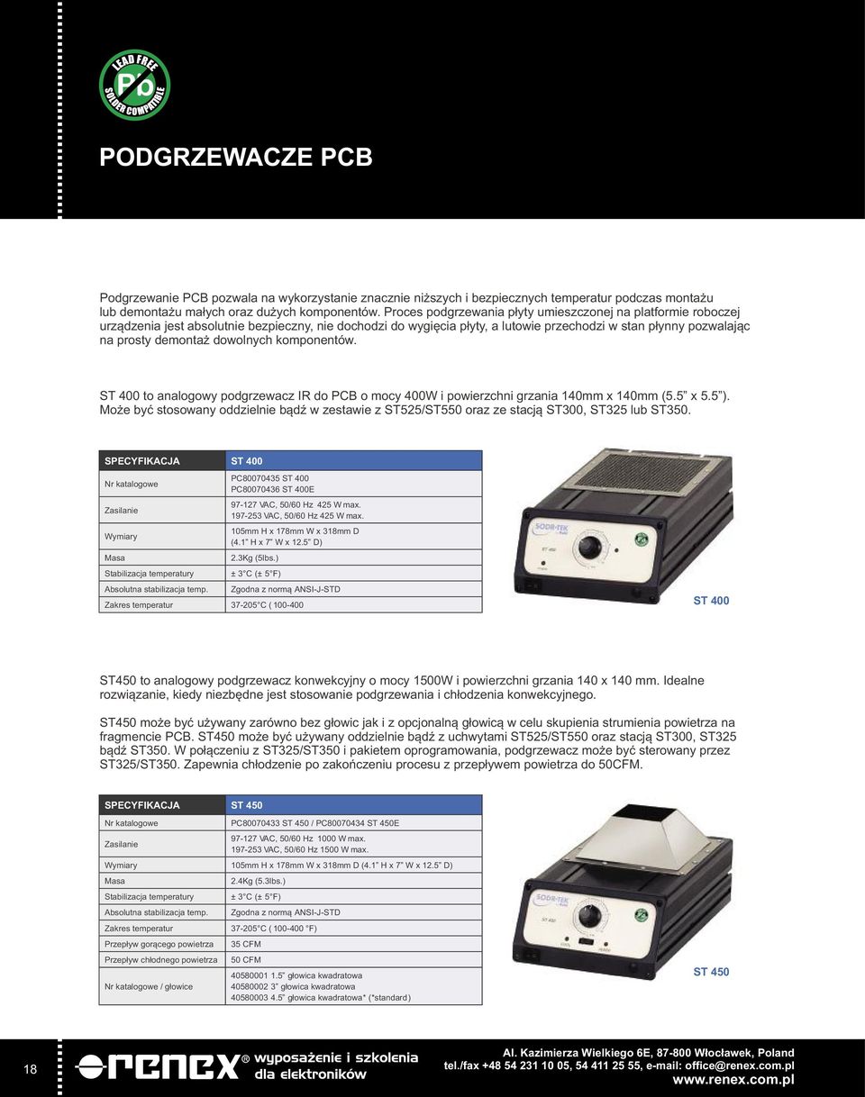 dowolnych komponentów. ST 400 to analogowy podgrzewacz IR do PCB o mocy 400W i powierzchni grzania 140mm x 140mm (5.5 x 5.5 ).