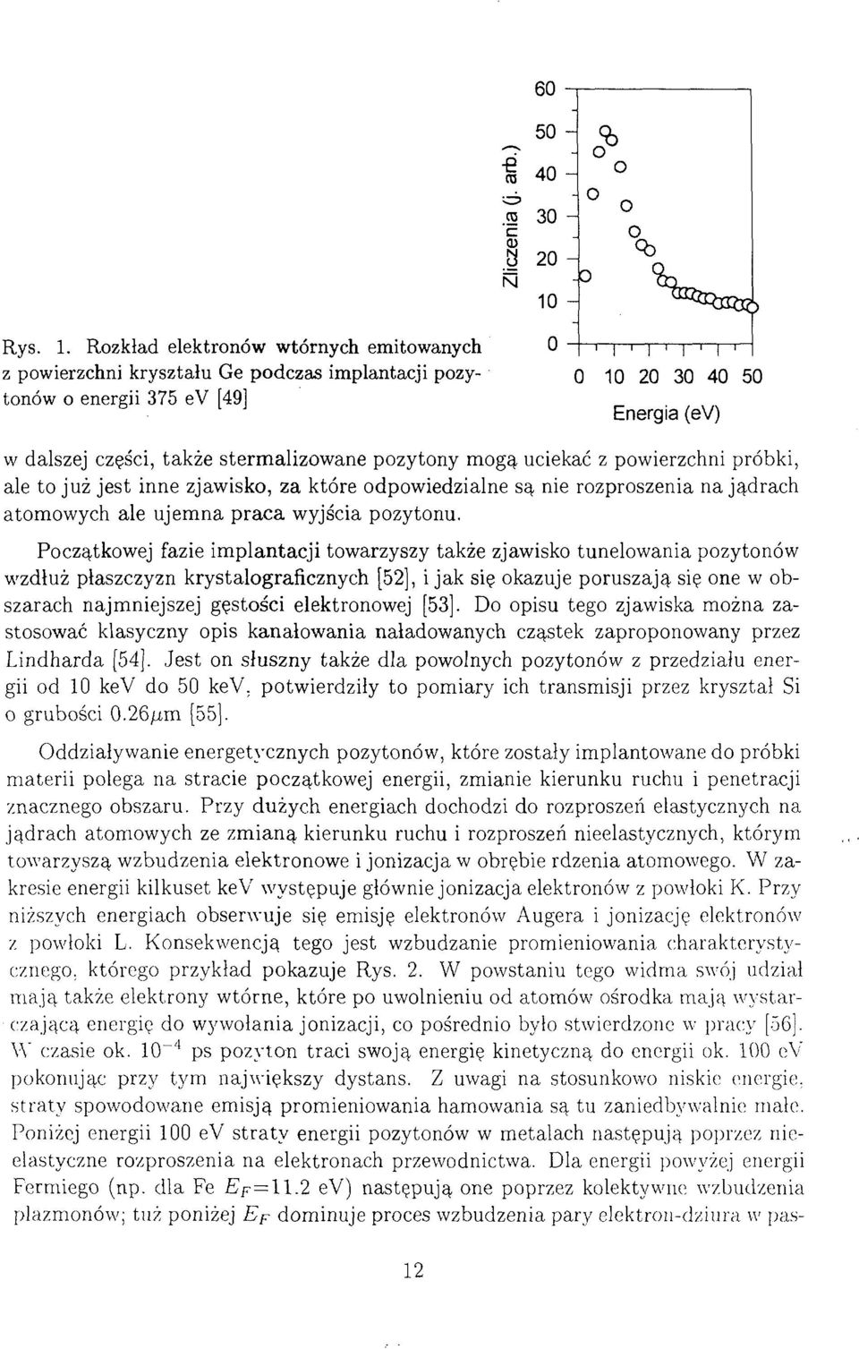 Rozkład elektronów wtórnych emitowanych z powierzchni kryształu Ge podczas implantacji pozytonów o energii 375 ev [49] 0 - T" ~\ i [ i i i i r 0 10 20 30 40 50 Energia (ev) w dalszej części, także