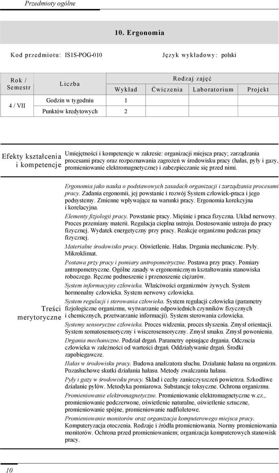 środowisku pracy (hałas, pyły i gazy, promieniowanie elektromagnetyczne) i zabezpieczanie się przed nimi. Ergonomia jako nauka o podstawowych zasadach organizacji i zarządzania procesami pracy.