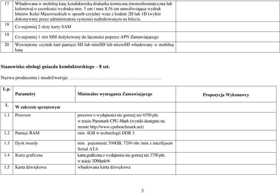 18 Co najmniej 2 sloty karty SAM 19 Co najmniej 1 slot SIM dedykowany do łączności poprzez APN Zamawiającego 20 Wewnętrzny czytnik kart pamięci SD lub minisd lub microsd wbudowany w mobilną kasę