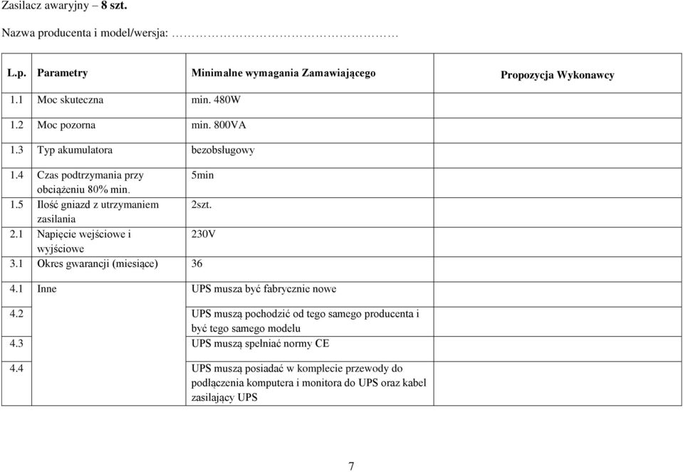 1 Napięcie wejściowe i 230V wyjściowe 3.1 Okres gwarancji (miesiące) 36 4.1 Inne UPS musza być fabrycznie nowe 4.