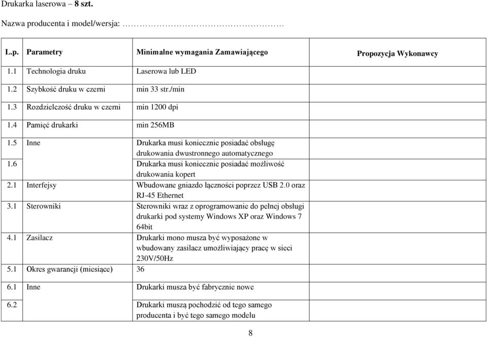 6 Drukarka musi koniecznie posiadać możliwość drukowania kopert 2.1 Interfejsy Wbudowane gniazdo łączności poprzez USB 2.0 oraz RJ-45 Ethernet 3.