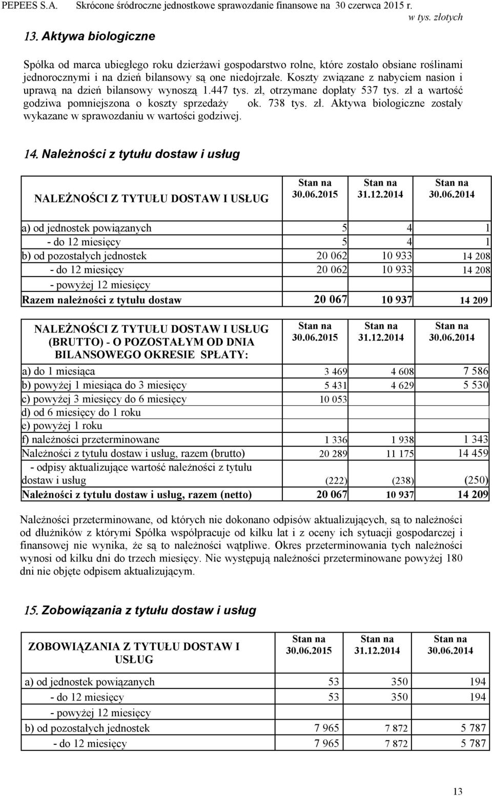 Należności z tytułu dostaw i usług NALEŻNOŚCI Z TYTUŁU DOSTAW I USŁUG Stan na 30.06.