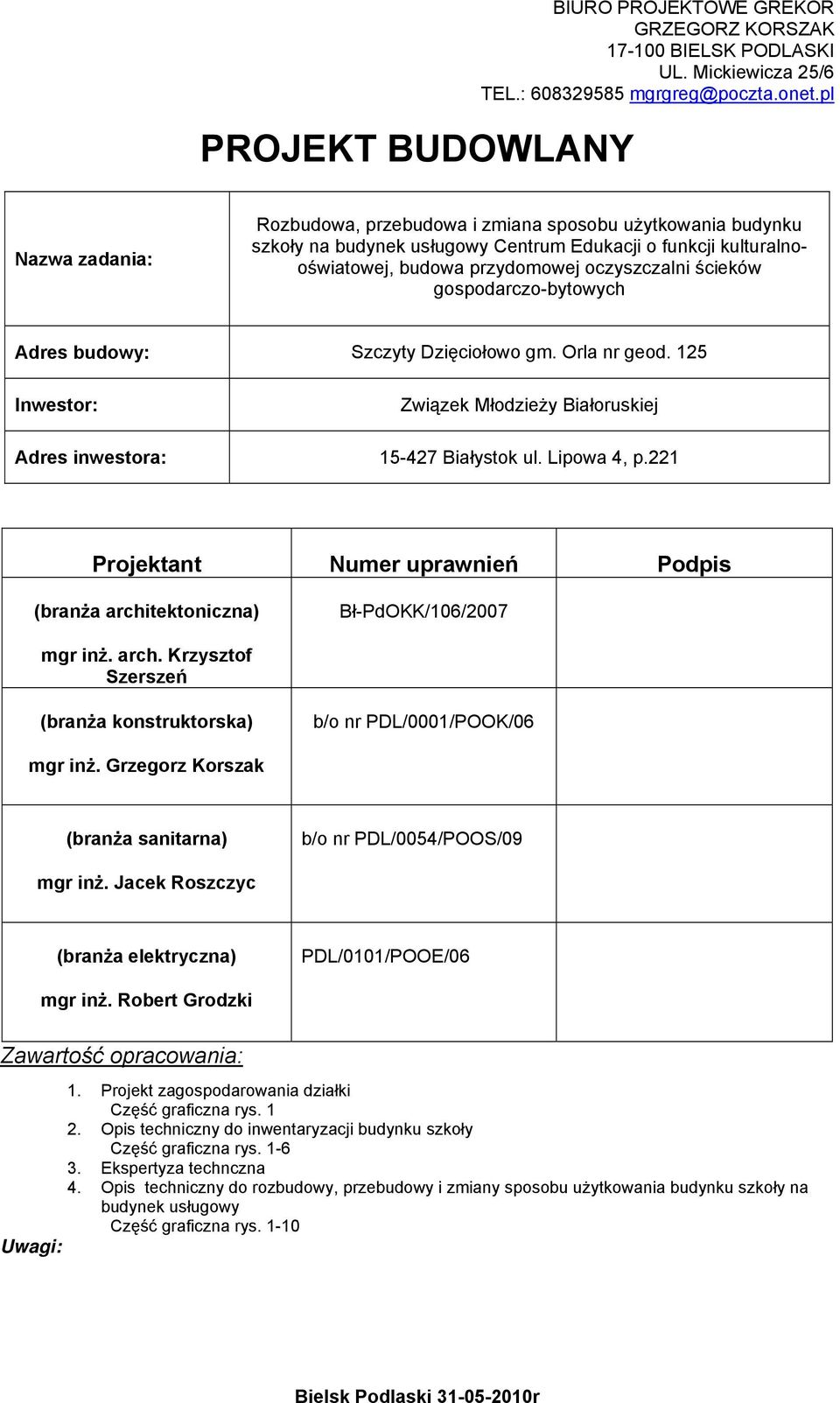 gospodarczo-bytowych Adres budowy: Szczyty Dzięciołowo gm. Orla nr geod. 125 Inwestor: Związek Młodzieży Białoruskiej Adres inwestora: 15-427 Białystok ul. Lipowa 4, p.