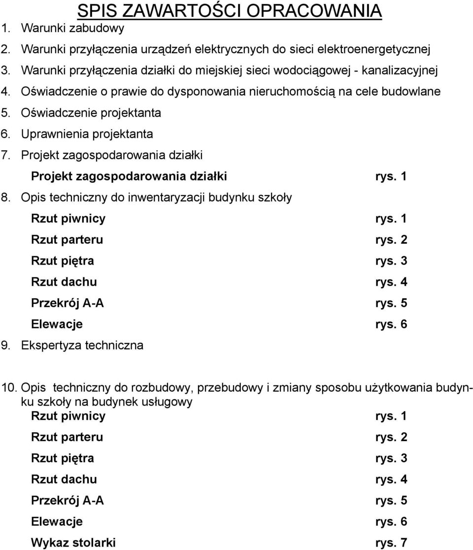 Uprawnienia projektanta 7. Projekt zagospodarowania działki Projekt zagospodarowania działki rys. 1 8. Opis techniczny do inwentaryzacji budynku szkoły Rzut piwnicy rys. 1 Rzut parteru rys.