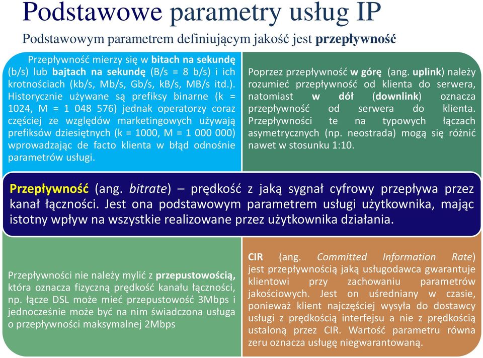 Historycznie używane są prefiksy binarne (k = 1024, M = 1 048 576) jednak operatorzy coraz częściej ze względów marketingowych używają prefiksów dziesiętnych (k = 1000, M = 1 000 000) wprowadzając de