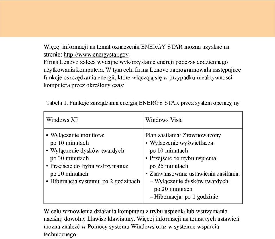 Funkcje zarządzania energią ENERGY STAR przez system operacyjny Windows XP Windows Vista Wyłączenie monitora: po 10 minutach Wyłączenie dysków twardych: po 30 minutach Przejście do trybu wstrzymania: