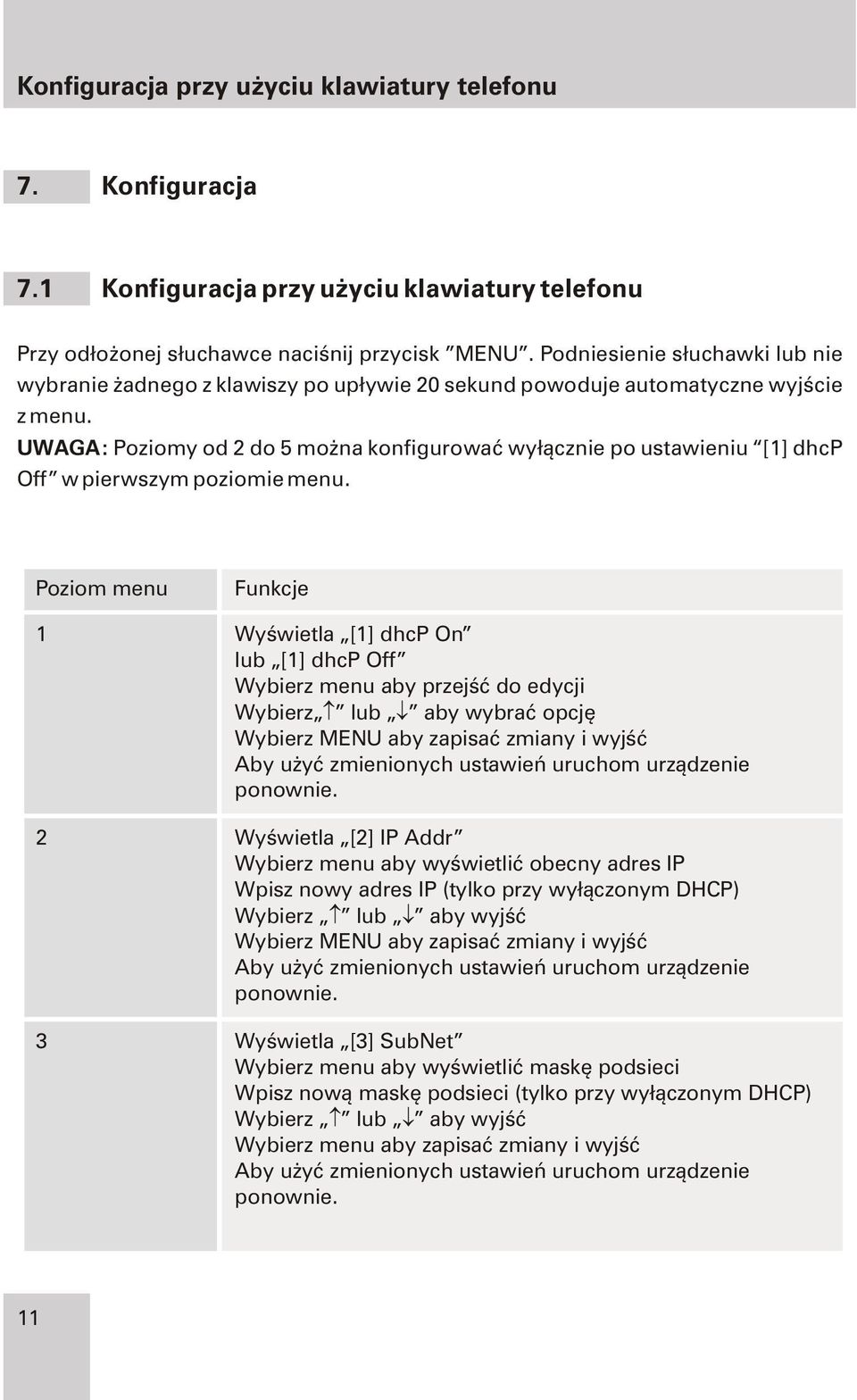 UWAGA: Poziomy od 2 do 5 mo na konfigurowaæ wy³¹cznie po ustawieniu [1] dhcp Off w pierwszym poziomie menu.