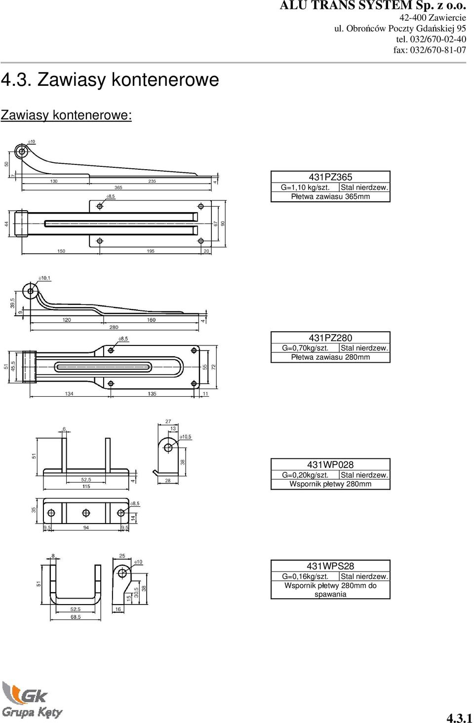 etwa zawiasu 280mm 431WP028 G=0,20kg/szt. Stal nierdzew.