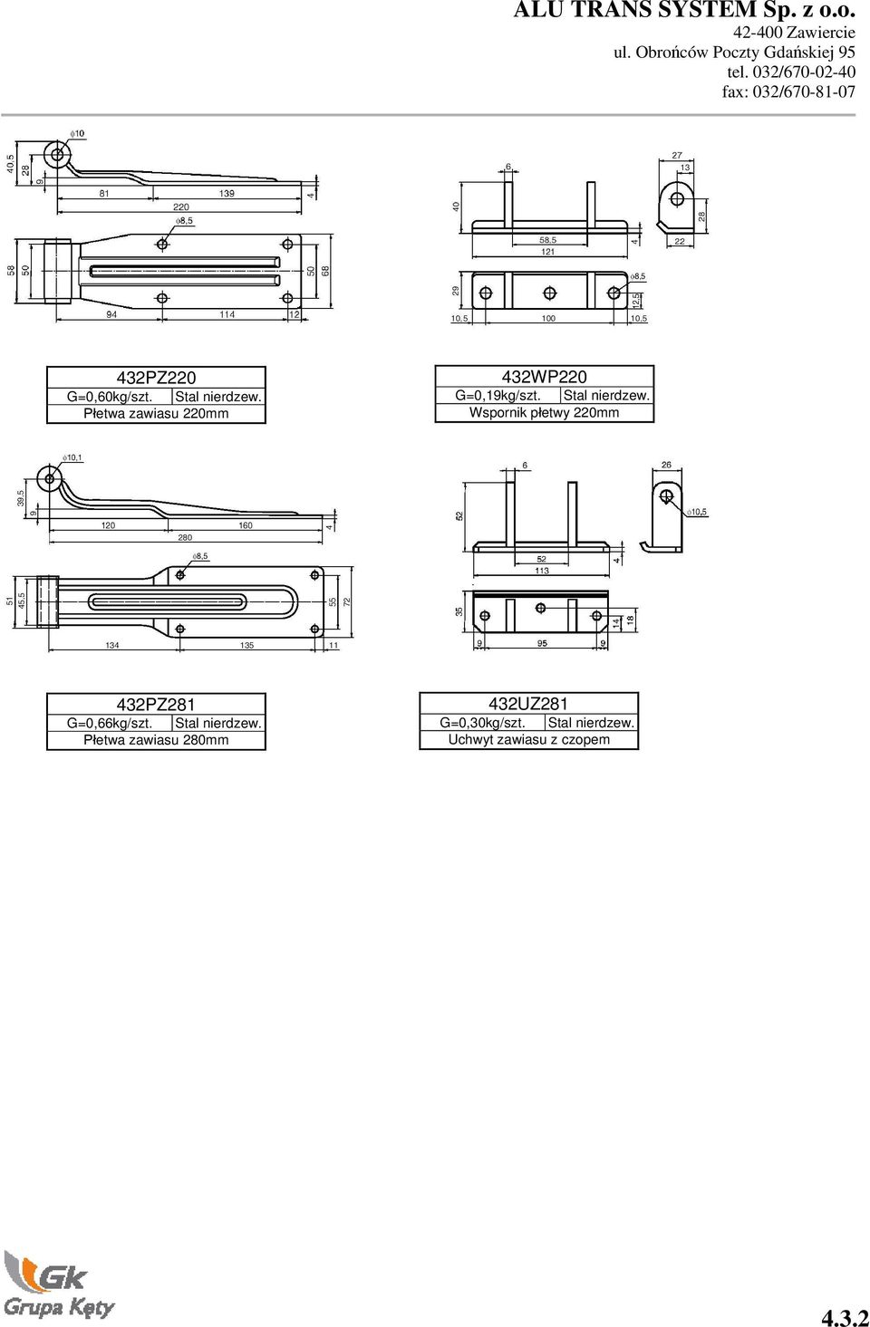 Wspornik p etwy 220mm 432PZ281 G=0,66kg/szt. Stal nierdzew.