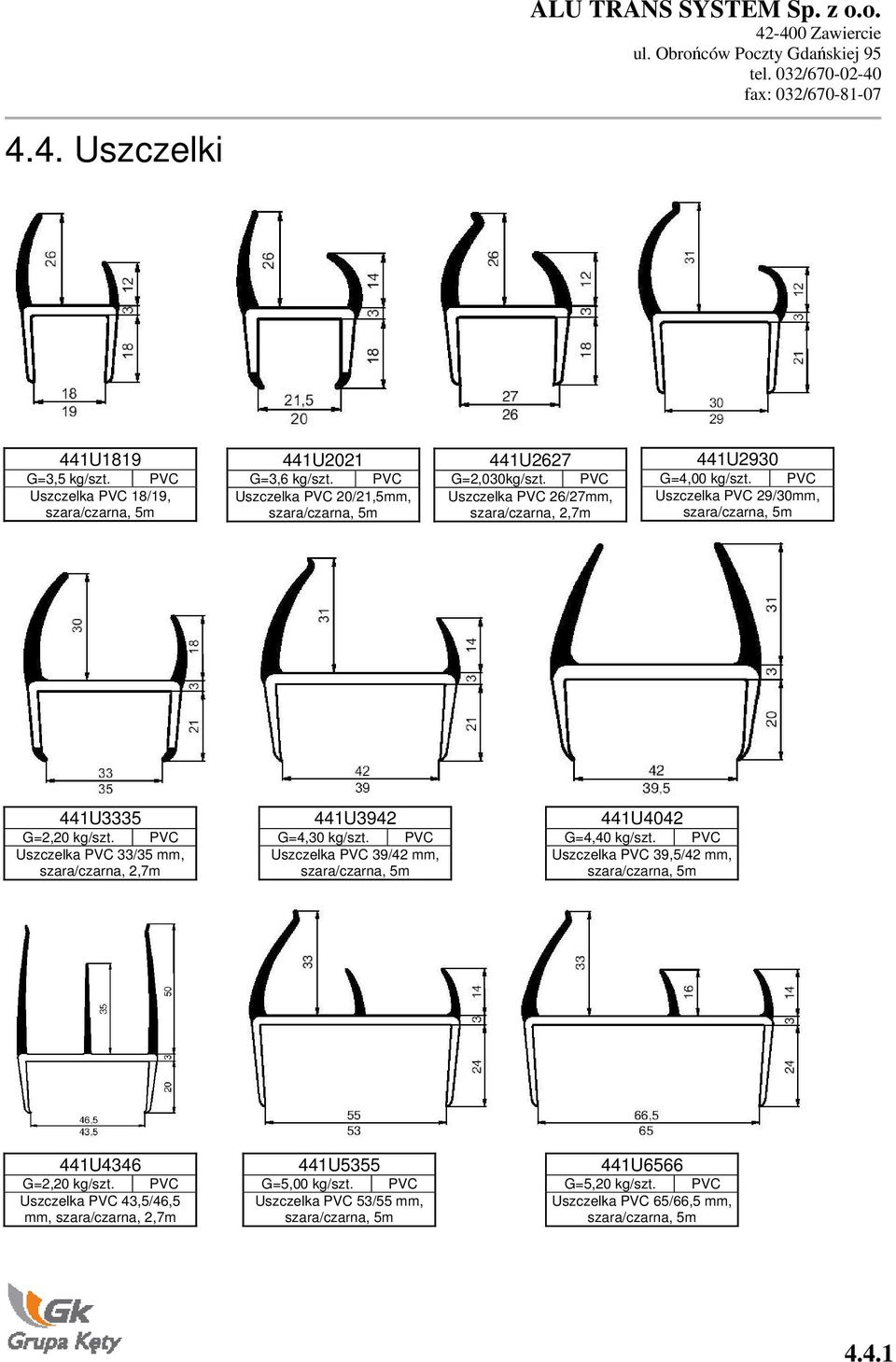 PVC Uszczelka PVC 33/35 mm, szara/czarna, 2,7m 441U3942 G=4,30 kg/szt. PVC Uszczelka PVC 39/42 mm, szara/czarna, 5m 441U4042 G=4,40 kg/szt.