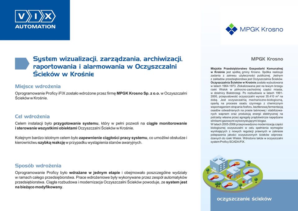 Cel wdrożenia Celem instalacji było przygotowanie systemu, który w pełni pozwoli na ciągłe monitorowanie i sterowanie wszystkimi obiektami Oczyszczalni Ścieków w Krośnie.