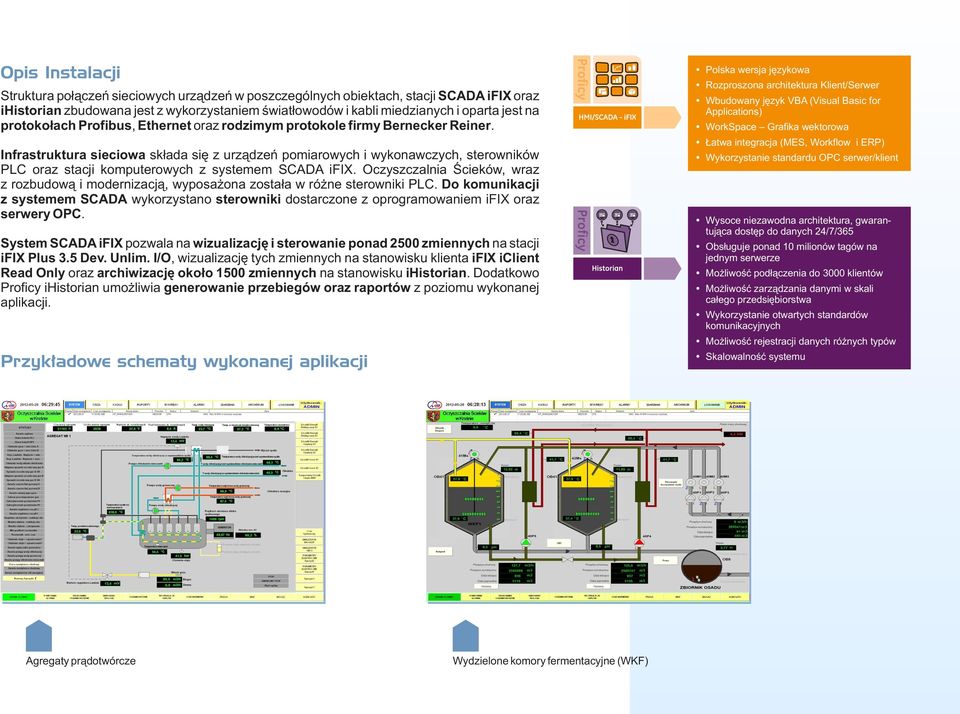 Infrastruktura sieciowa składa się z urządzeń pomiarowych i wykonawczych, sterowników PLC oraz stacji komputerowych z systemem SCADA ifix.