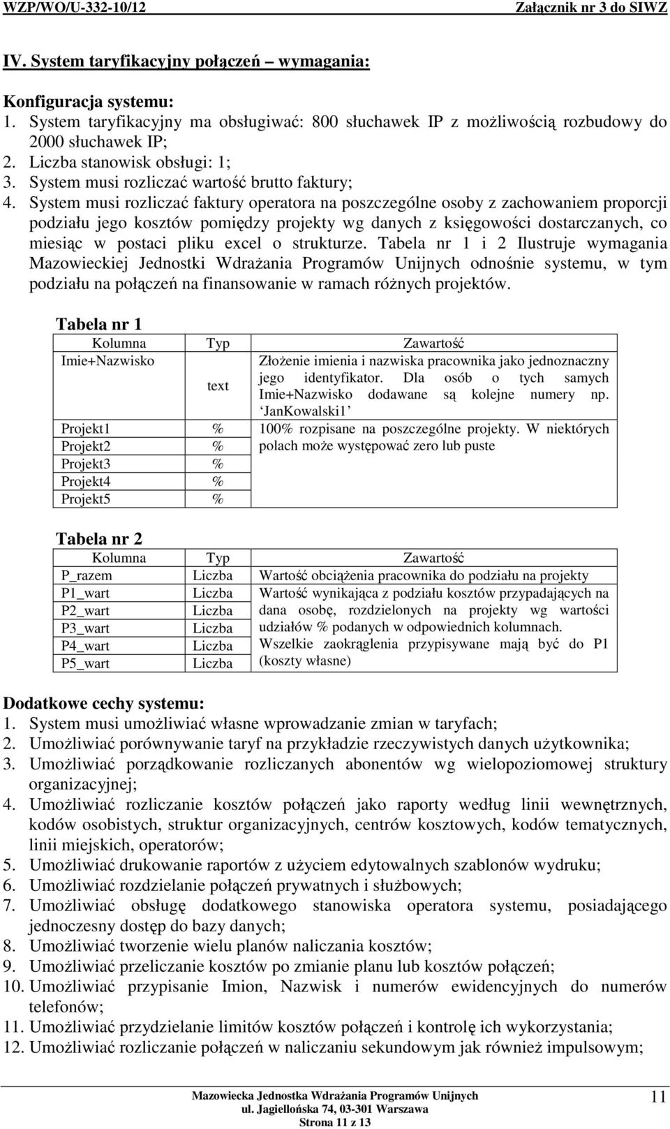 System musi rozliczać faktury operatora na poszczególne osoby z zachowaniem proporcji podziału jego kosztów pomiędzy projekty wg danych z księgowości dostarczanych, co miesiąc w postaci pliku excel o