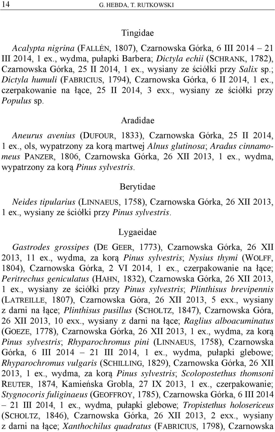 , czerpakowanie na łące, 25 II 2014, 3 exx., wysiany ze ściółki przy Populus sp. Aradidae Aneurus avenius (DUFOUR, 1833), Czarnowska Górka, 25 II 2014, 1 ex.