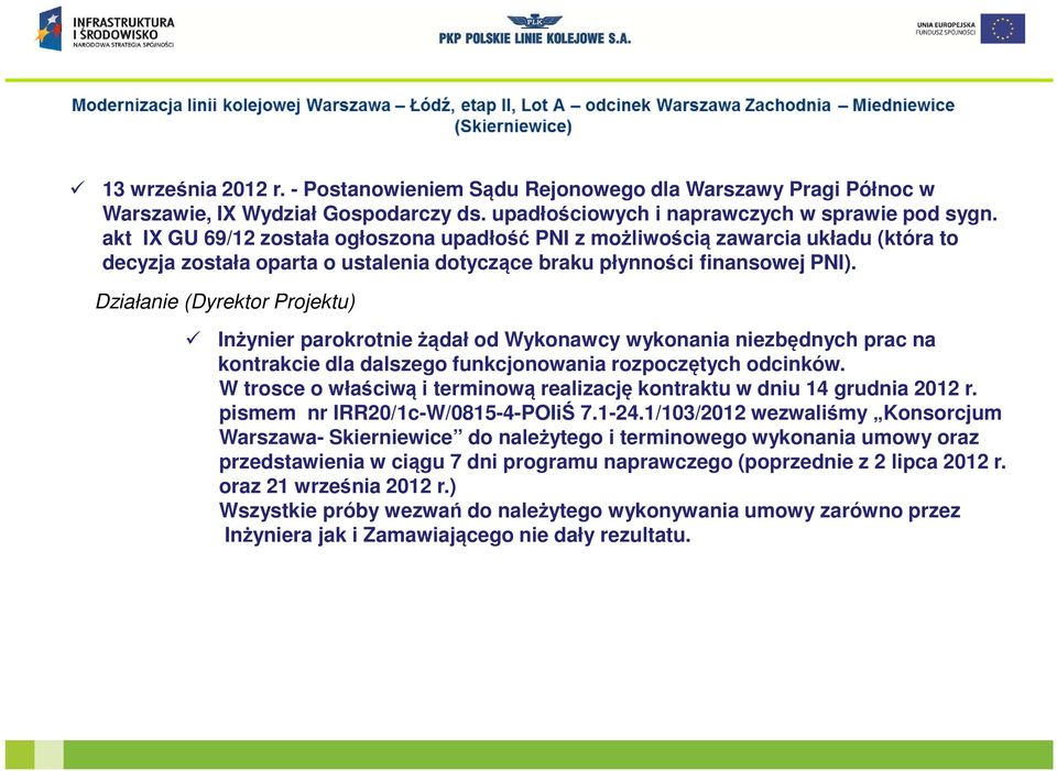 Działanie (Dyrektor Projektu) Inżynier parokrotnie żądał od Wykonawcy wykonania niezbędnych prac na kontrakcie dla dalszego funkcjonowania rozpoczętych odcinków.