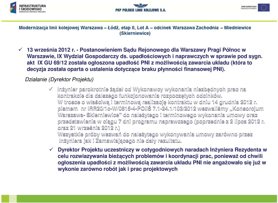 Działanie (Dyrektor Projektu) Inżynier parokrotnie żądał od Wykonawcy wykonania niezbędnych prac na kontrakcie dla dalszego funkcjonowania rozpoczętych odcinków.