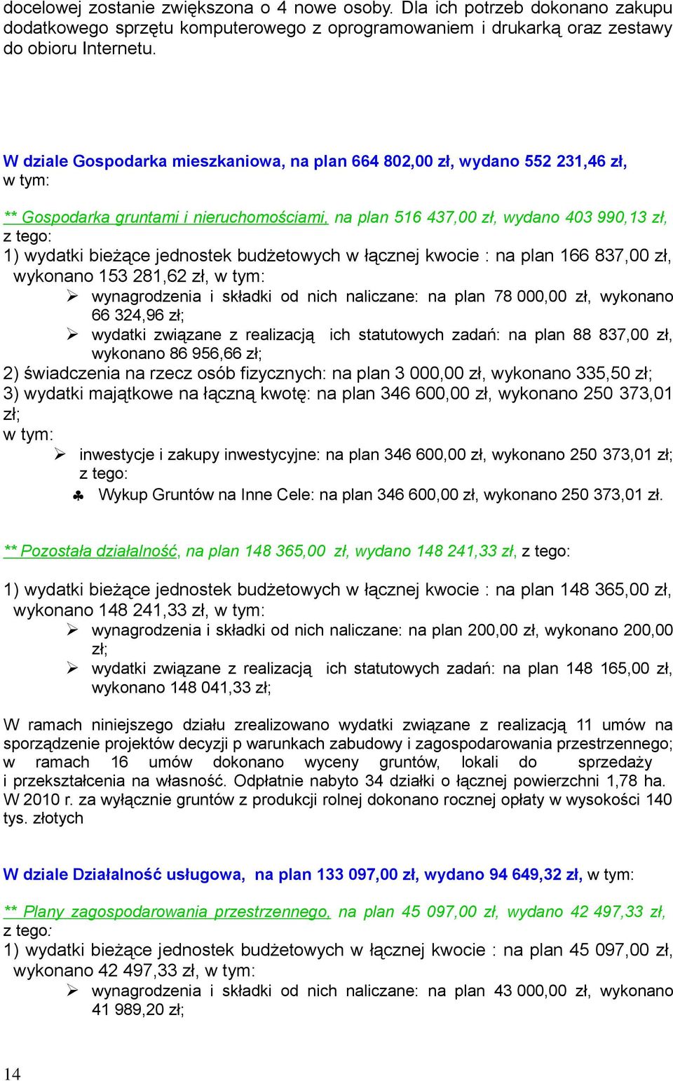 budżetowych w łącznej kwocie : na lan 166 837, zł, wykonano 153 281,62 zł, w tym: wynagrodzenia i składki od nich naliczane: na lan 78, zł, wykonano 66 324,96 zł; wydatki związane z realizacją ich