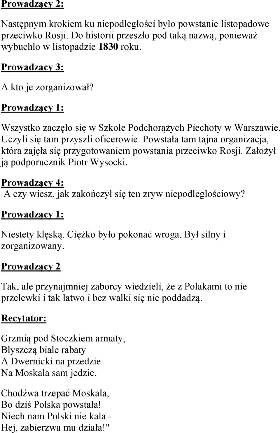 Założył ją podporucznik Piotr Wysocki. Prowadzący 4: A czy wiesz, jak zakończył się ten zryw niepodległościowy? Niestety klęską. Ciężko było pokonać wroga. Był silny i zorganizowany.