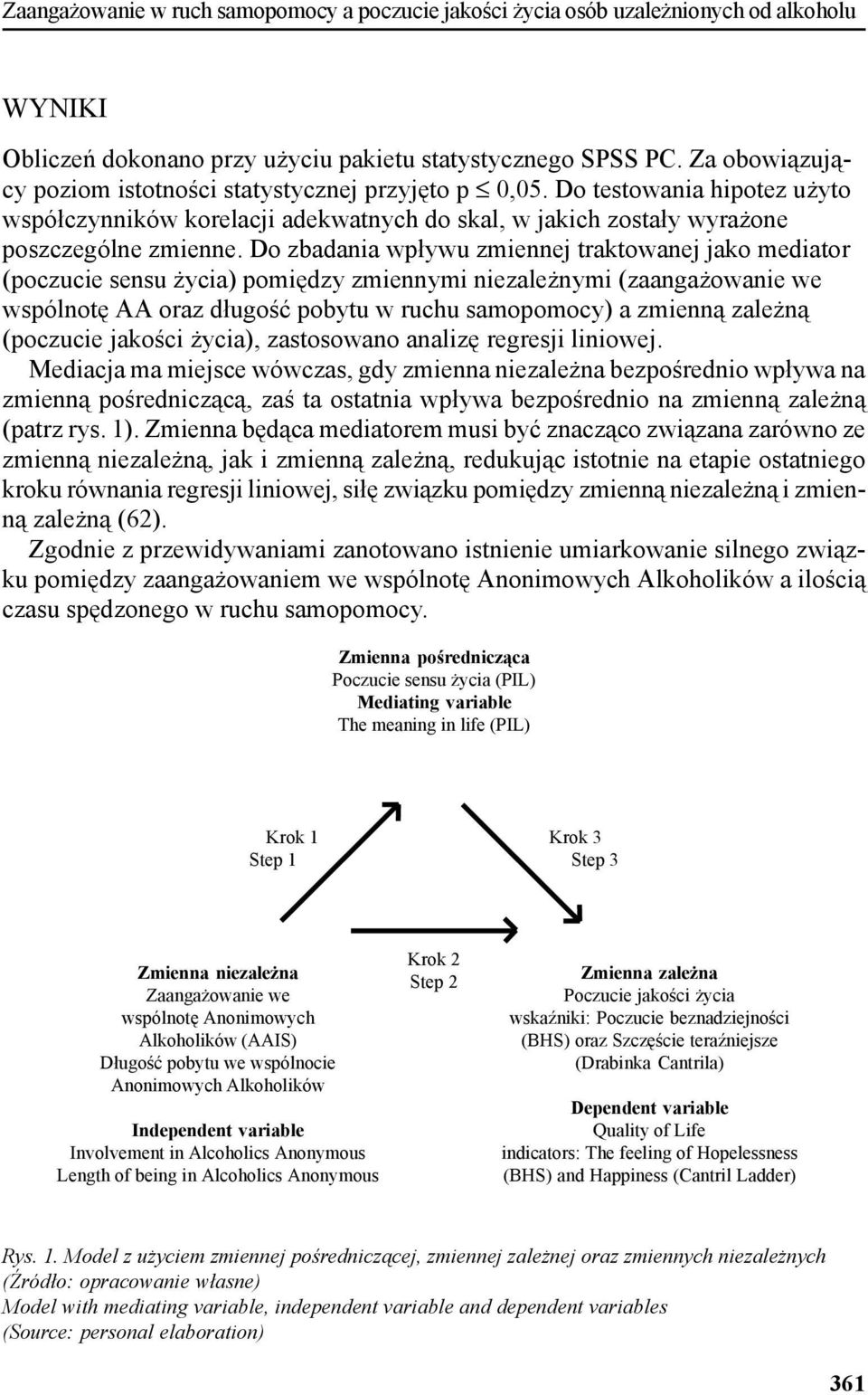 Do zbadania wpływu zmiennej traktowanej jako mediator (poczucie sensu życia) pomiędzy zmiennymi niezależnymi (zaangażowanie we wspólnotę AA oraz długość pobytu w ruchu samopomocy) a zmienną zależną