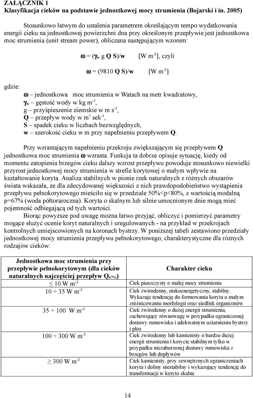 obliczana następujący wzore: ω = (γw g Q S)/w [W -2], czyli ω = (9810 Q S)/w gdzie: [W -2] ω jednostkowa oc struienia w Watach na etr kwadratowy, γw gęstość wody w kg -3, g przyśpieszenie zieskie w