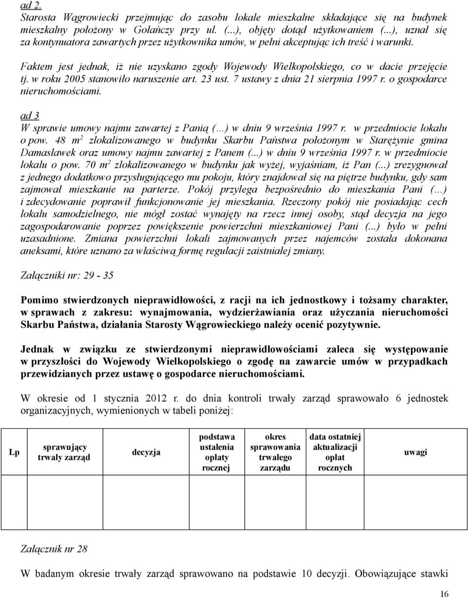 w roku 2005 stanowiło naruszenie art. 23 ust. 7 ustawy z dnia 21 sierpnia 1997 r. o gospodarce nieruchomościami. ad 3 W sprawie umowy najmu zawartej z Panią ( ) w dniu 9 września 1997 r.