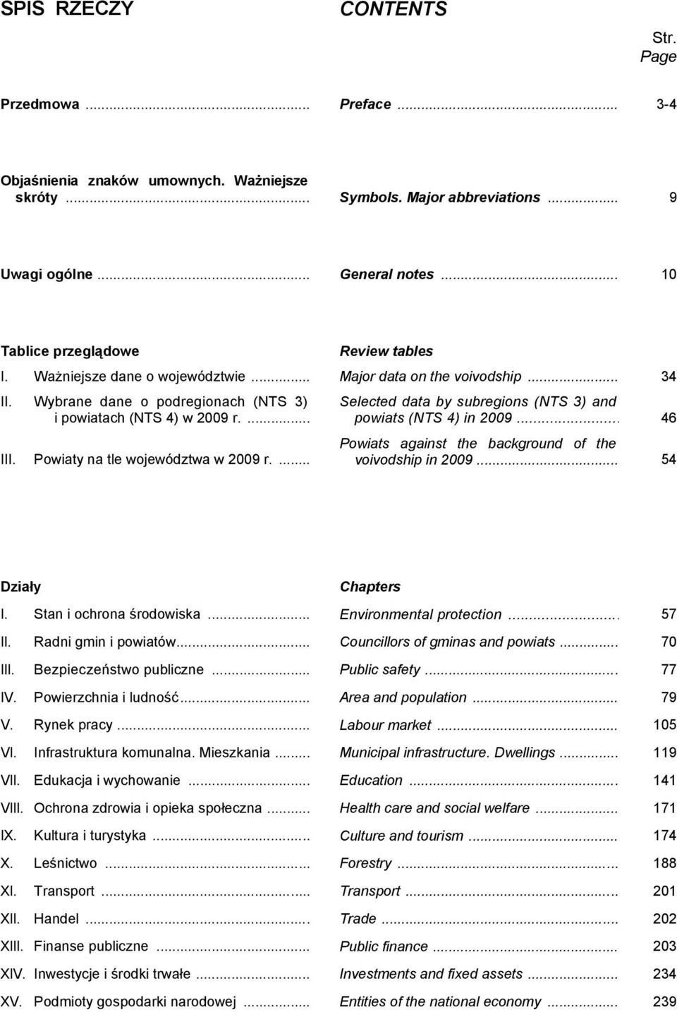 Powiaty na tle województwa w 2009 r.... Selected data by subregions (NTS 3) and powiats (NTS 4) in 2009... 46 Powiats against the background of the voivodship in 2009... 54 Działy Chapters I.