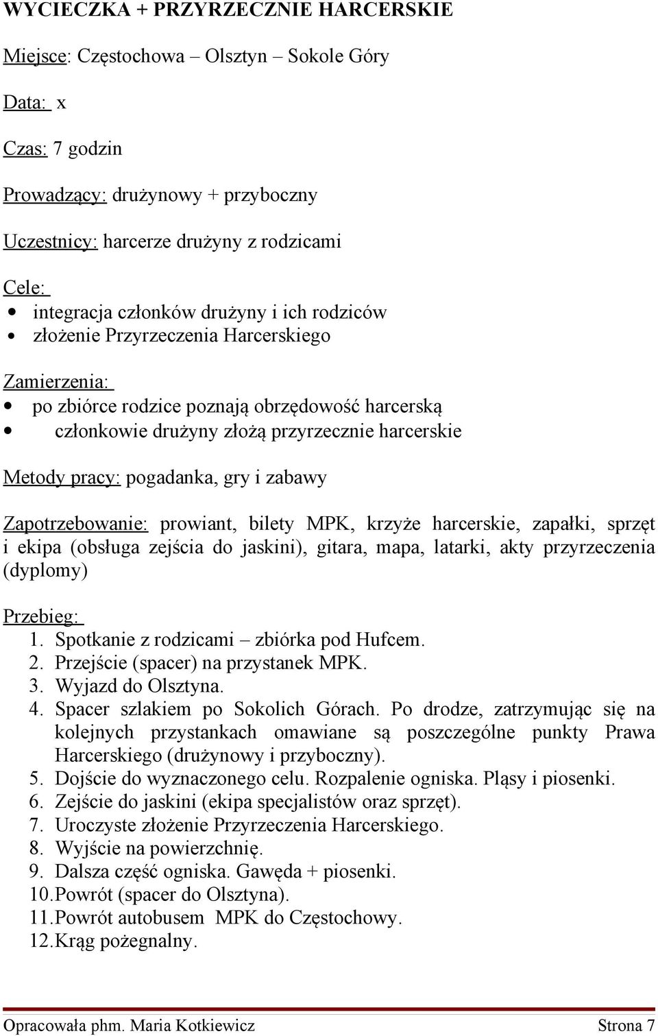 pogadanka, gry i zabawy Zapotrzebowanie: prowiant, bilety MPK, krzyże harcerskie, zapałki, sprzęt i ekipa (obsługa zejścia do jaskini), gitara, mapa, latarki, akty przyrzeczenia (dyplomy) Przebieg: 1.