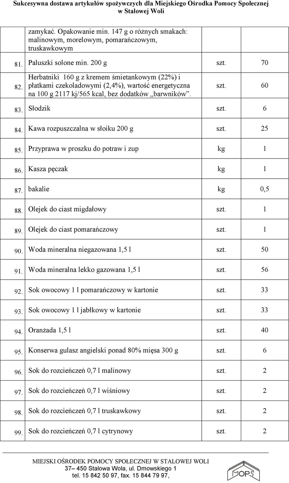 Kawa rozpuszczalna w słoiku 200 g szt. 25 85. Przyprawa w proszku do potraw i zup kg 1 86. Kasza pęczak kg 1 87. bakalie kg 0,5 88. Olejek do ciast migdałowy szt. 1 89.