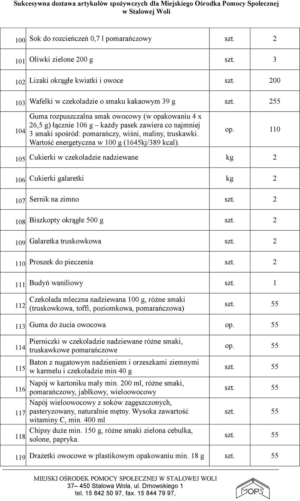 Wartość energetyczna w 100 g (1645kj/389 kcal). op. 110 105. Cukierki w czekoladzie nadziewane kg 2 106. Cukierki galaretki kg 2 107. Sernik na zimno szt. 2 108. Biszkopty okrągłe 500 g szt. 2 109.