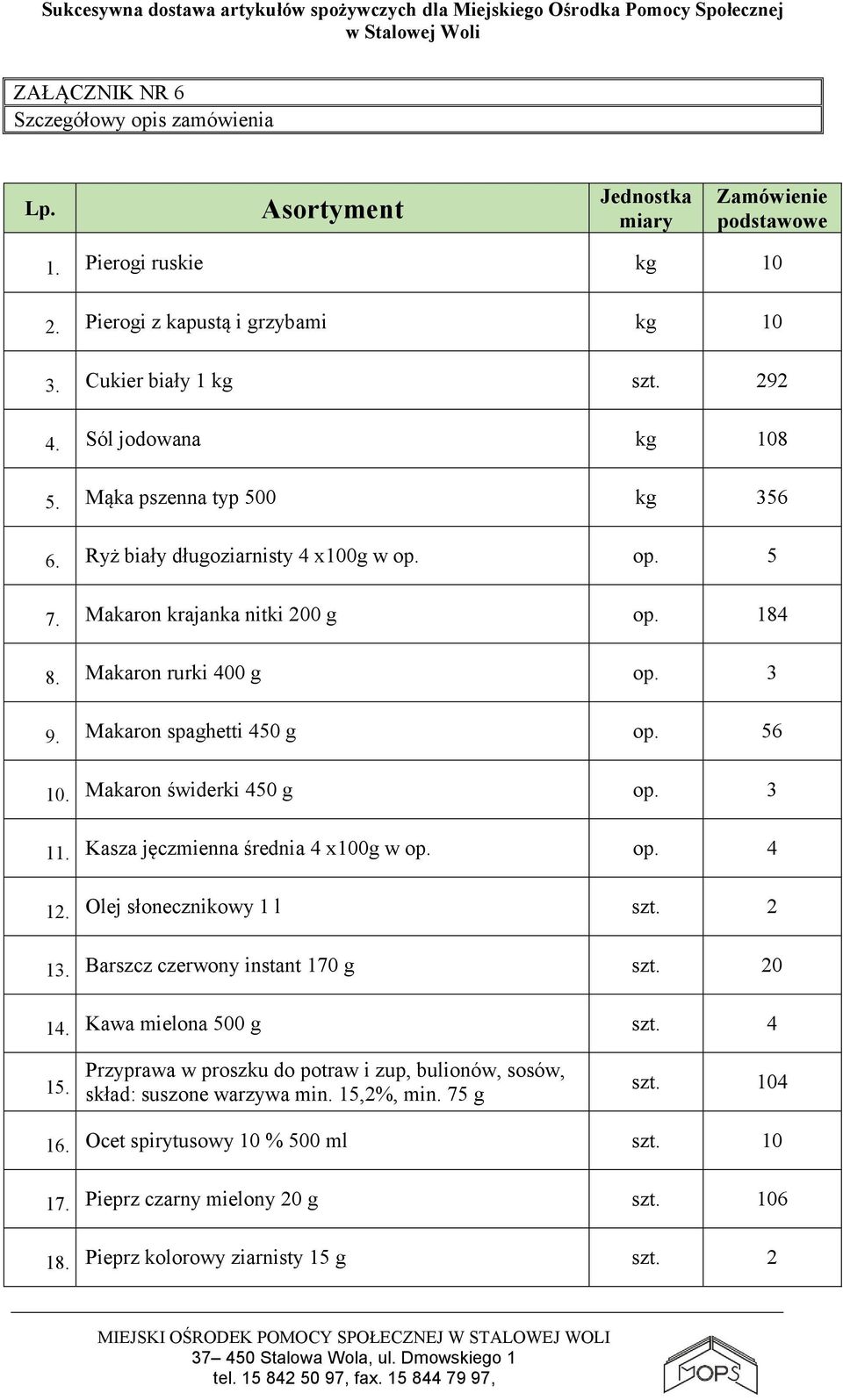 56 10. Makaron świderki 450 g op. 3 11. Kasza jęczmienna średnia 4 x100g w op. op. 4 12. Olej słonecznikowy 1 l szt. 2 13. Barszcz czerwony instant 170 g szt. 20 14. Kawa mielona 500 g szt. 4 15.