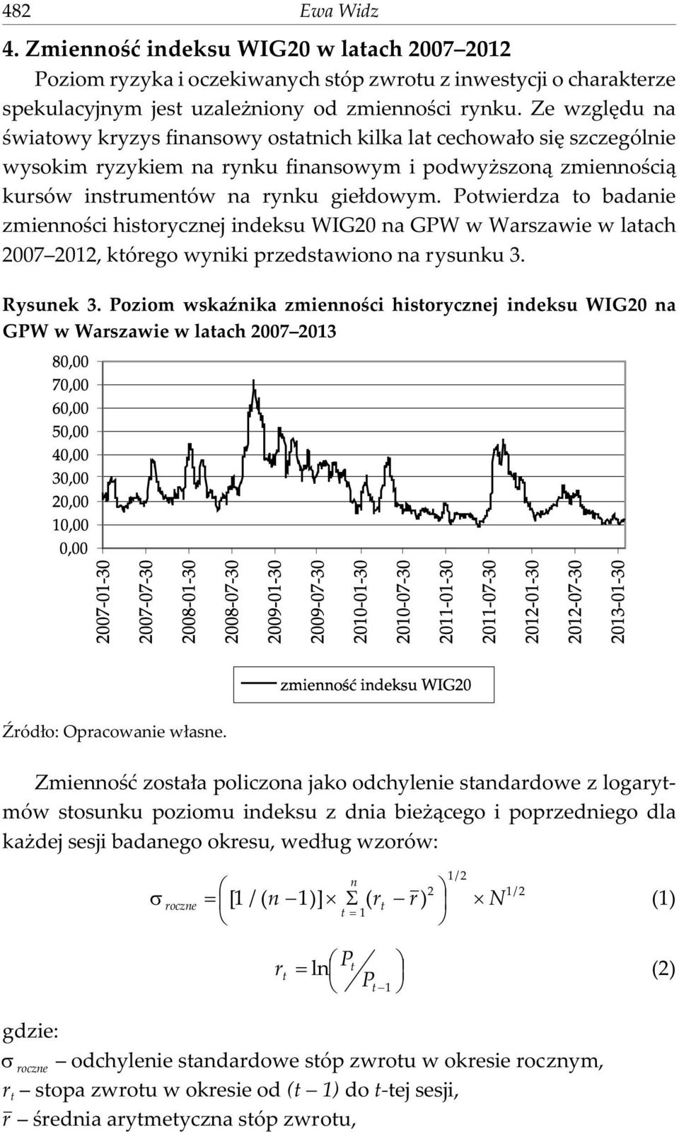 Potwierdza to badanie zmiennoœci historycznej indeksu WIG20 na GPW w Warszawie w latach 2007 2012, którego wyniki przedstawiono na rysunku 3. Rysunek 3.