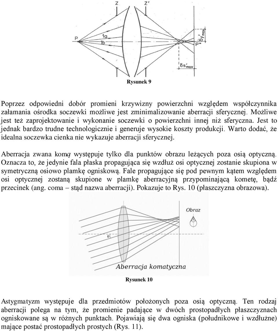 Warto dodać, że idealna soczewka cienka nie wykazuje aberracji sferycznej. Aberracja zwana komą występuje tylko dla punktów obrazu leżących poza osią optyczną.