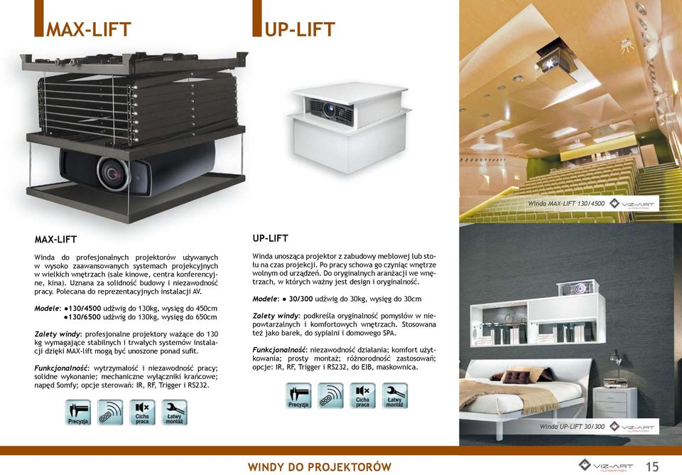 Modele: 130/4500 udźwig do 130kg, wysięg do 450cm 130/6500 udźwig do 130kg, wysięg do 650cm Zalety windy: profesjonalne projektory ważące do 130 kg wymagające stabilnych i trwałych systemów