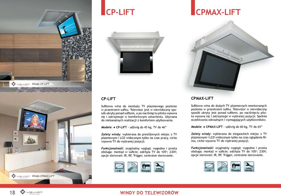 Modele: CP-LIFT - udźwig do 45 kg, TV do 46 Zalety windy: wybierana do prestiżowych miejsc z TV plazmowym i LCD widocznym tylko na czas pracy, cicho wysuwa TV do wybranej pozycji.