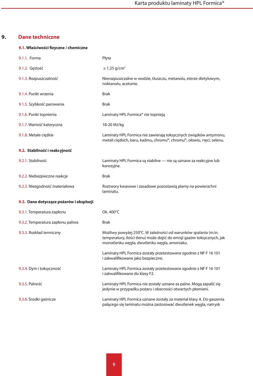 Punkt topnienia Laminaty HPL Formica nie topnieją 9.1.7. Wartość kaloryczna 18-