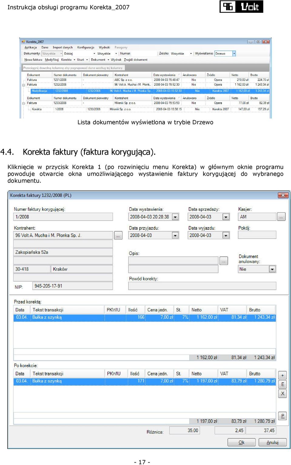 Kliknięcie w przycisk Korekta 1 (po rozwinięciu menu Korekta) w