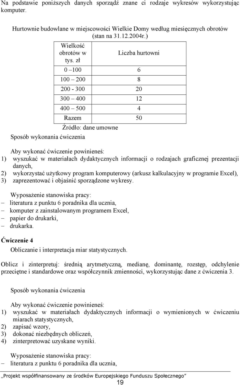 zł 0 100 6 100 200 8 200-300 20 300 400 12 400 500 4 Razem 50 Źródło: dane umowne Sposób wykonania ćwiczenia 1) wyszukać w materiałach dydaktycznych informacji o rodzajach graficznej prezentacji