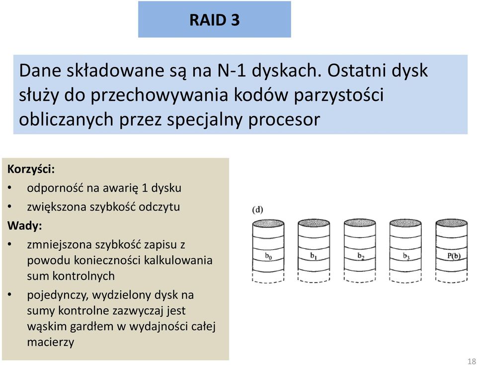 Korzyści: odporność na awarię 1 dysku zwiększona szybkość odczytu Wady: zmniejszona szybkość