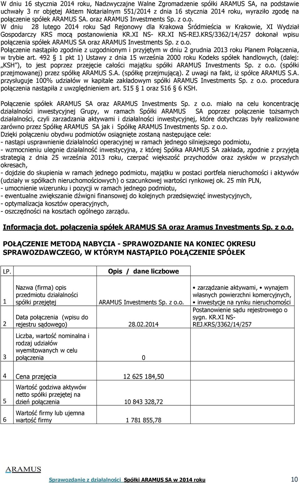 KRS/3362/14/257 dokonał wpisu połączenia spółek ARAMUS SA oraz ARAMUS Investments Sp. z o.o. Połączenie nastąpiło zgodnie z uzgodnionym i przyjętym w dniu 2 grudnia 2013 roku Planem Połączenia, w trybie art.