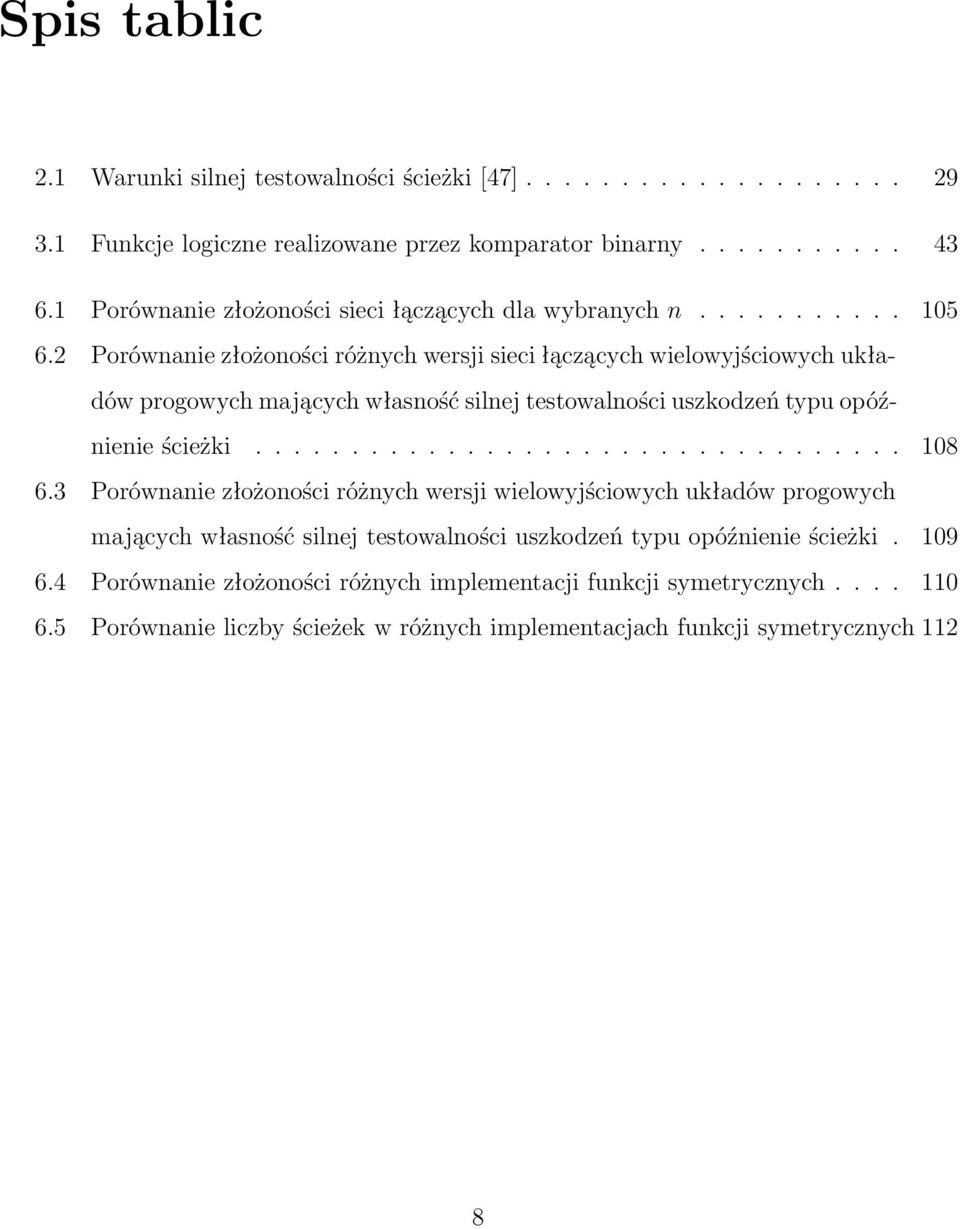 Porównanie złożoności różnych wersji sieci łączących wielowyjściowych układów progowych mających własność silnej testowalności uszkodzeń typu opóźnienie ścieżki.................................. 08 6.