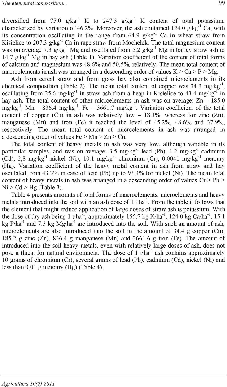 3 g kg -1 Mg and oscillated from 5.2 g kg -1 Mg in barley straw ash to 14.7 g kg -1 Mg in hay ash (Table 1). Variation coefficient of the content of total forms of calcium and magnesium was 48.