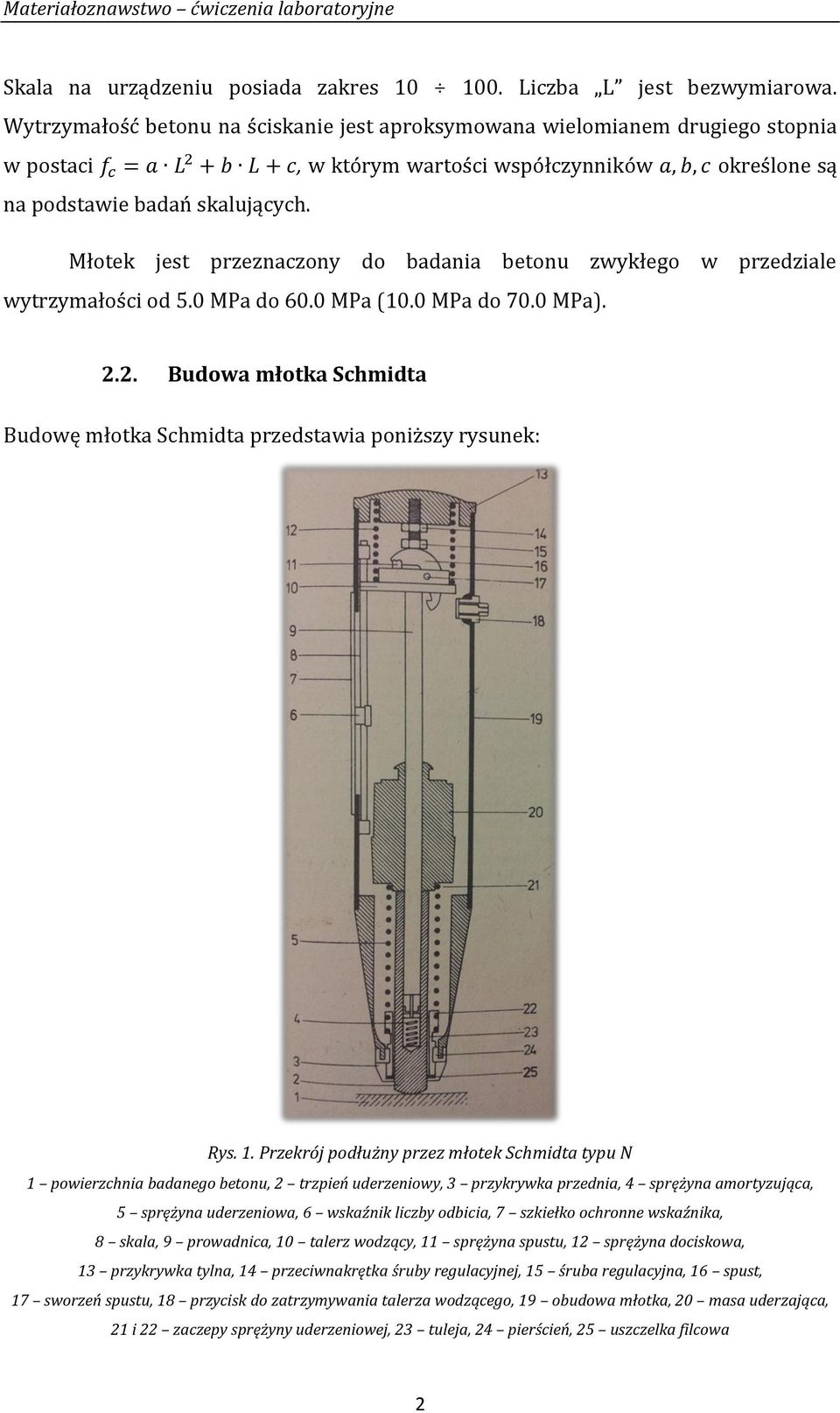 Młotek jest przeznaczony do badania betonu zwykłego w przedziale wytrzymałości od 5.0 MPa do 60.0 MPa (10.0 MPa do 70.0 MPa). 2.