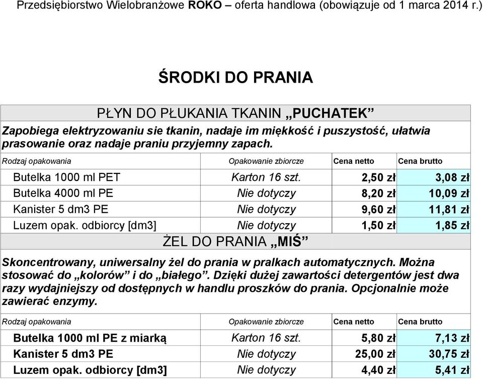 odbiorcy [dm3] Nie dotyczy 1,50 zł 1,85 zł ŻEL DO PRANIA MIŚ Skoncentrowany, uniwersalny żel do prania w pralkach automatycznych. Można stosować do kolorów i do białego.