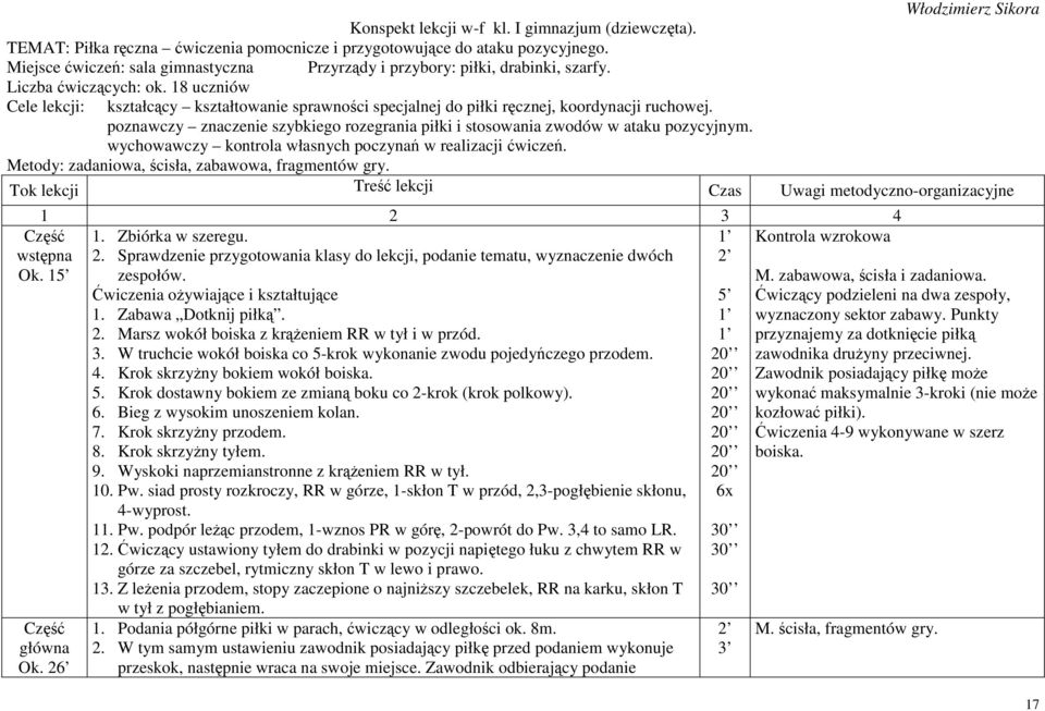 18 uczniów Cele lekcji: kształcący kształtowanie sprawności specjalnej do piłki ręcznej, koordynacji ruchowej. poznawczy znaczenie szybkiego rozegrania piłki i stosowania zwodów w ataku pozycyjnym.