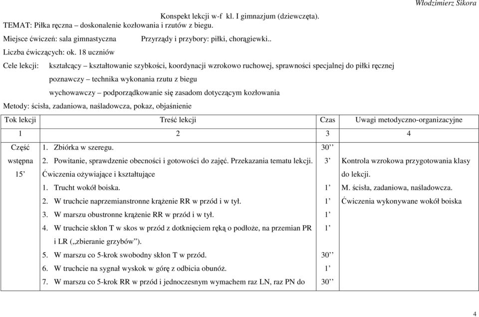 18 uczniów Cele lekcji: kształcący kształtowanie szybkości, koordynacji wzrokowo ruchowej, sprawności specjalnej do piłki ręcznej poznawczy technika wykonania rzutu z biegu wychowawczy